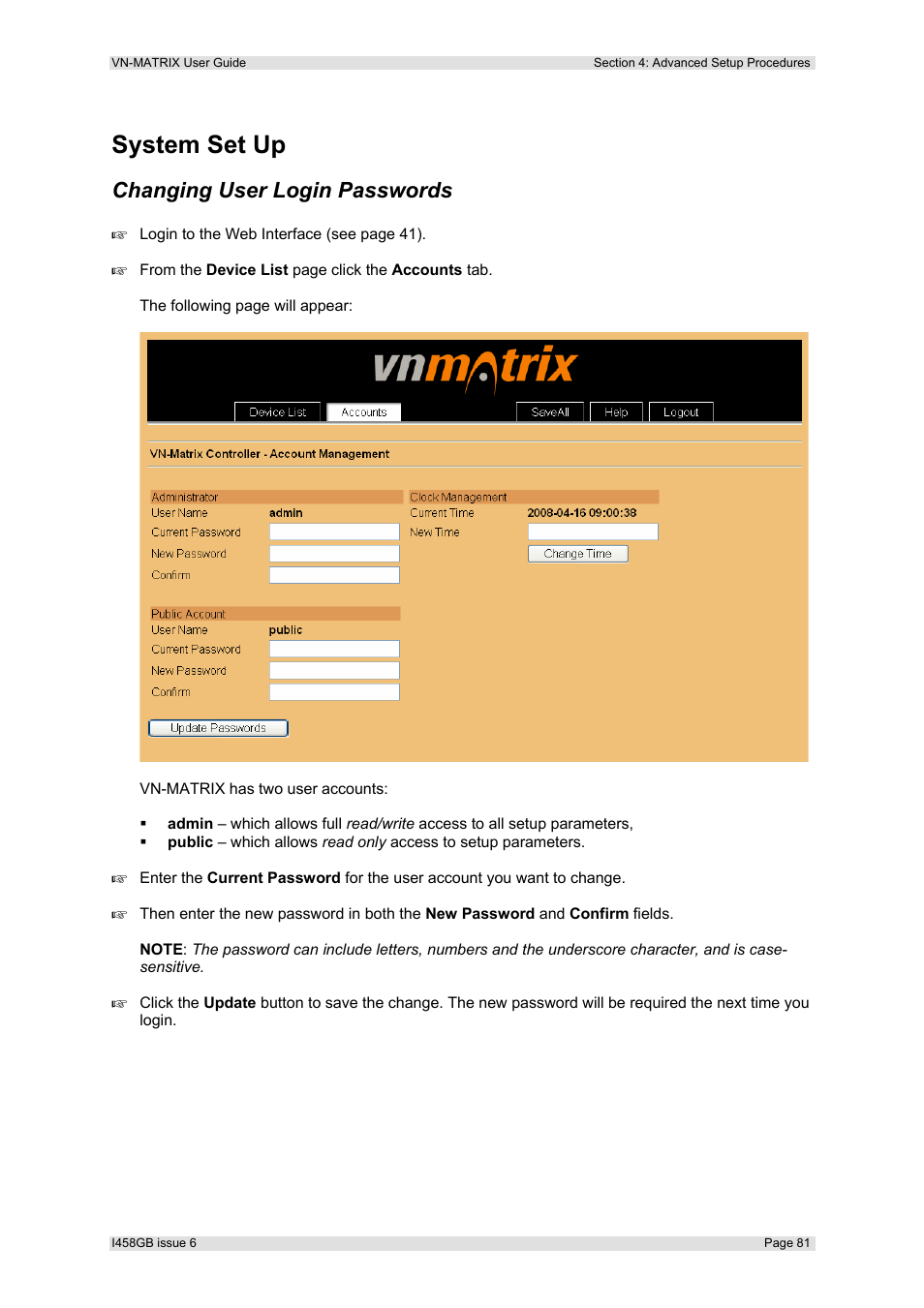 System set up, Changing user login passwords | Extron Electronics VN-MATRIX User Guide User Manual | Page 81 / 138