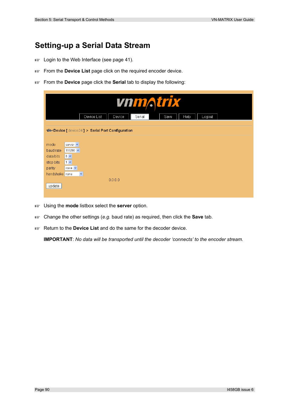 Setting-up a serial data stream | Extron Electronics VN-MATRIX User Guide User Manual | Page 90 / 138