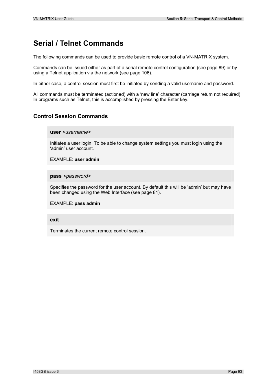 Serial / telnet commands, Control session commands | Extron Electronics VN-MATRIX User Guide User Manual | Page 93 / 138