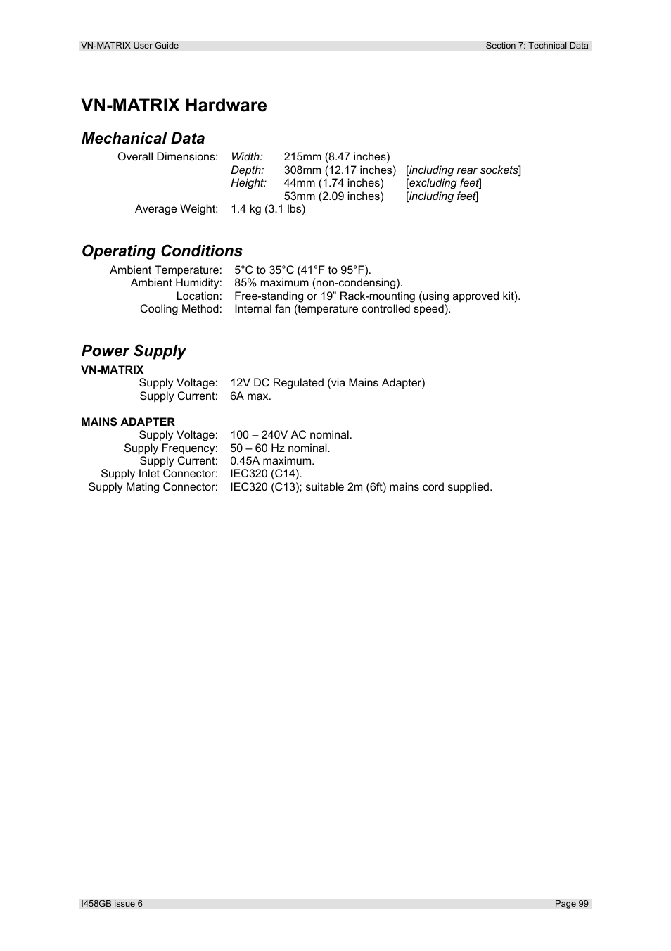 Vn-matrix hardware, Mechanical data, Operating conditions | Power supply | Extron Electronics VN-MATRIX User Guide User Manual | Page 99 / 138