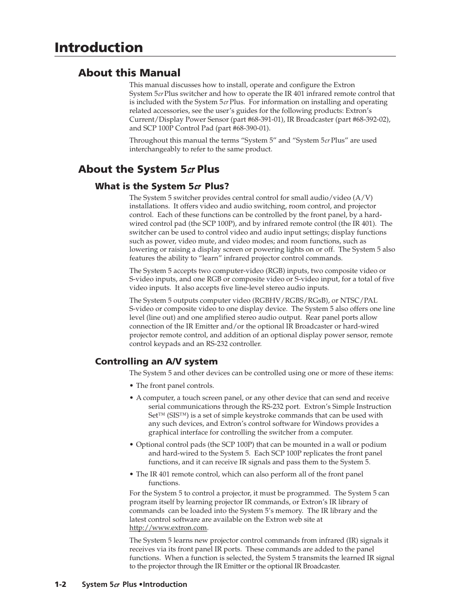 Introduction, Introduction, cont’d, About this manual | About the system 5 cr cr cr cr cr plus | Extron Electronics System 5cr Plus User Manual | Page 10 / 46