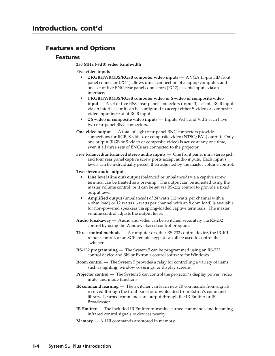 Introduction, cont’d, Features and options, Features | Extron Electronics System 5cr Plus User Manual | Page 12 / 46