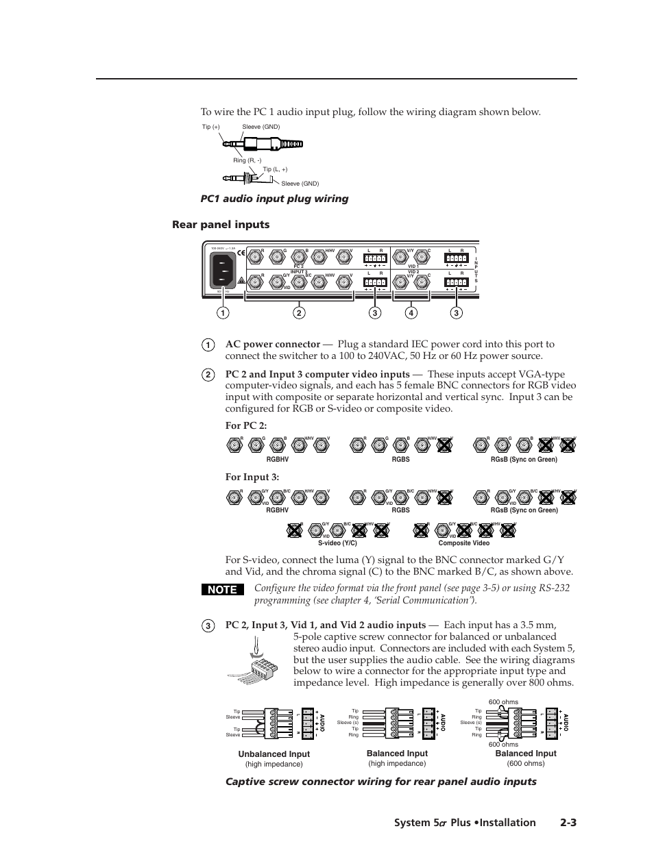 Rear panel inputs, Pc1 audio input plug wiring, For input 3 | Unbalanced input, Balanced input | Extron Electronics System 5cr Plus User Manual | Page 17 / 46