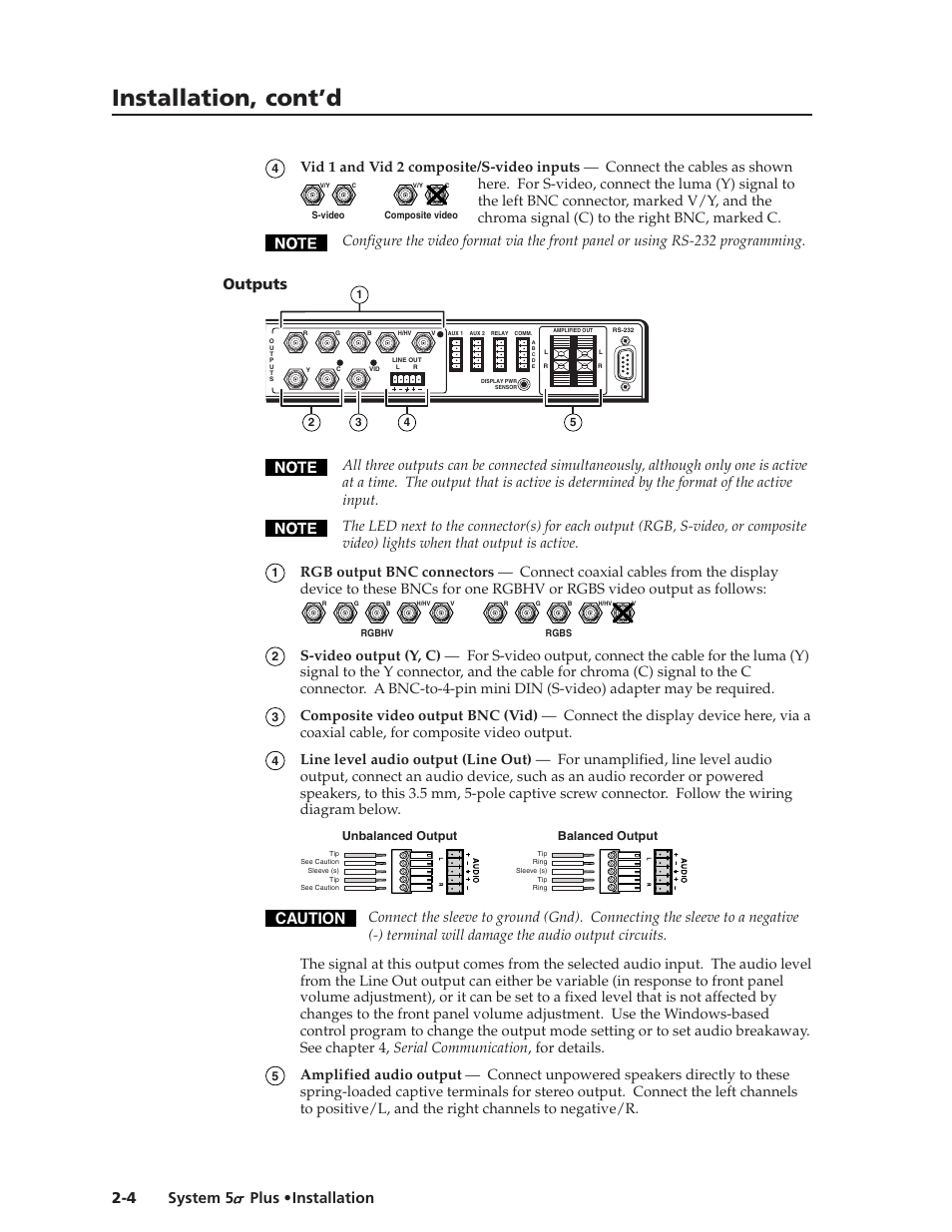 Installation, cont’d, Outputs, Caution | Extron Electronics System 5cr Plus User Manual | Page 18 / 46