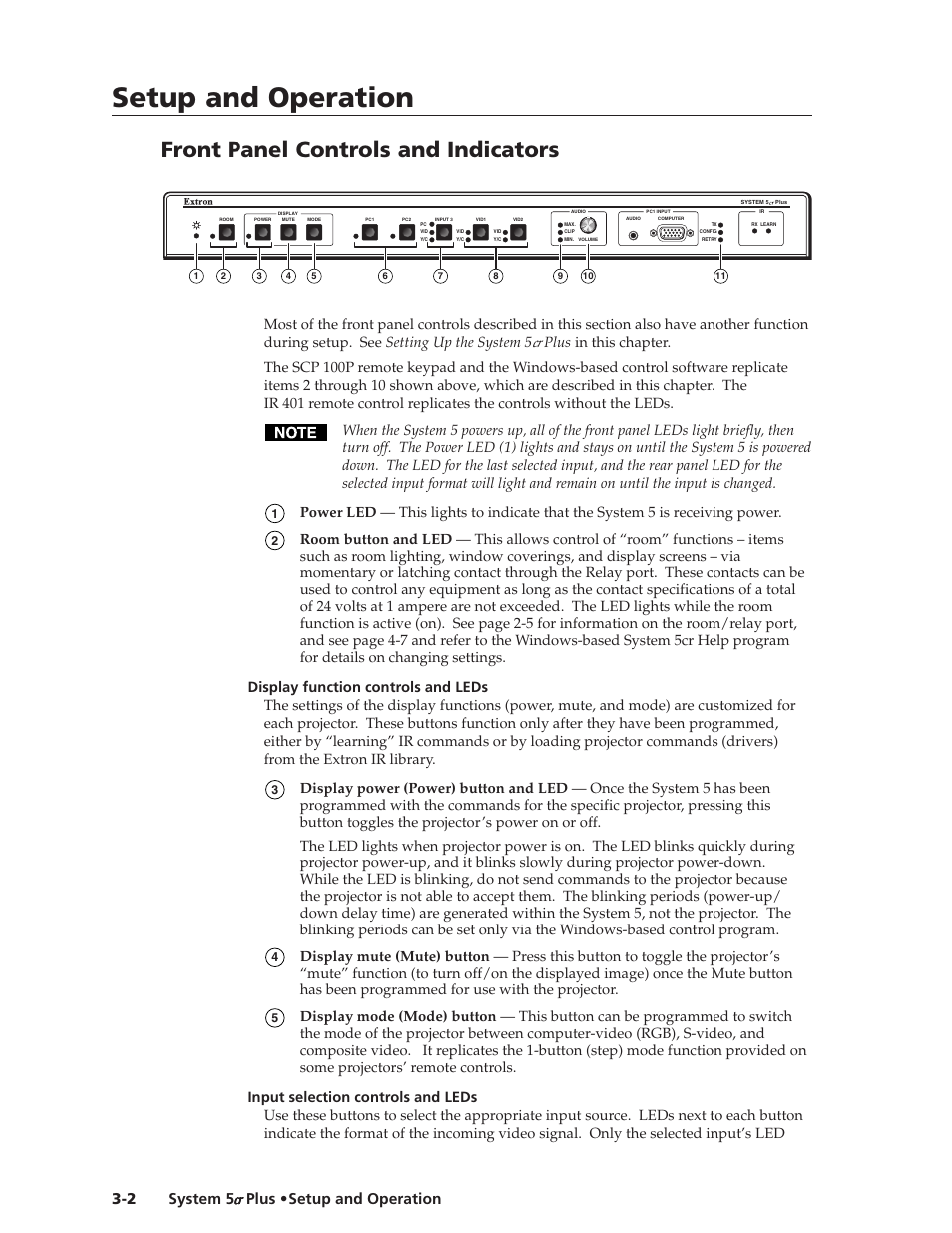 Setup and operation, Setup and operation, cont’d, Front panel controls and indicators | Extron Electronics System 5cr Plus User Manual | Page 22 / 46