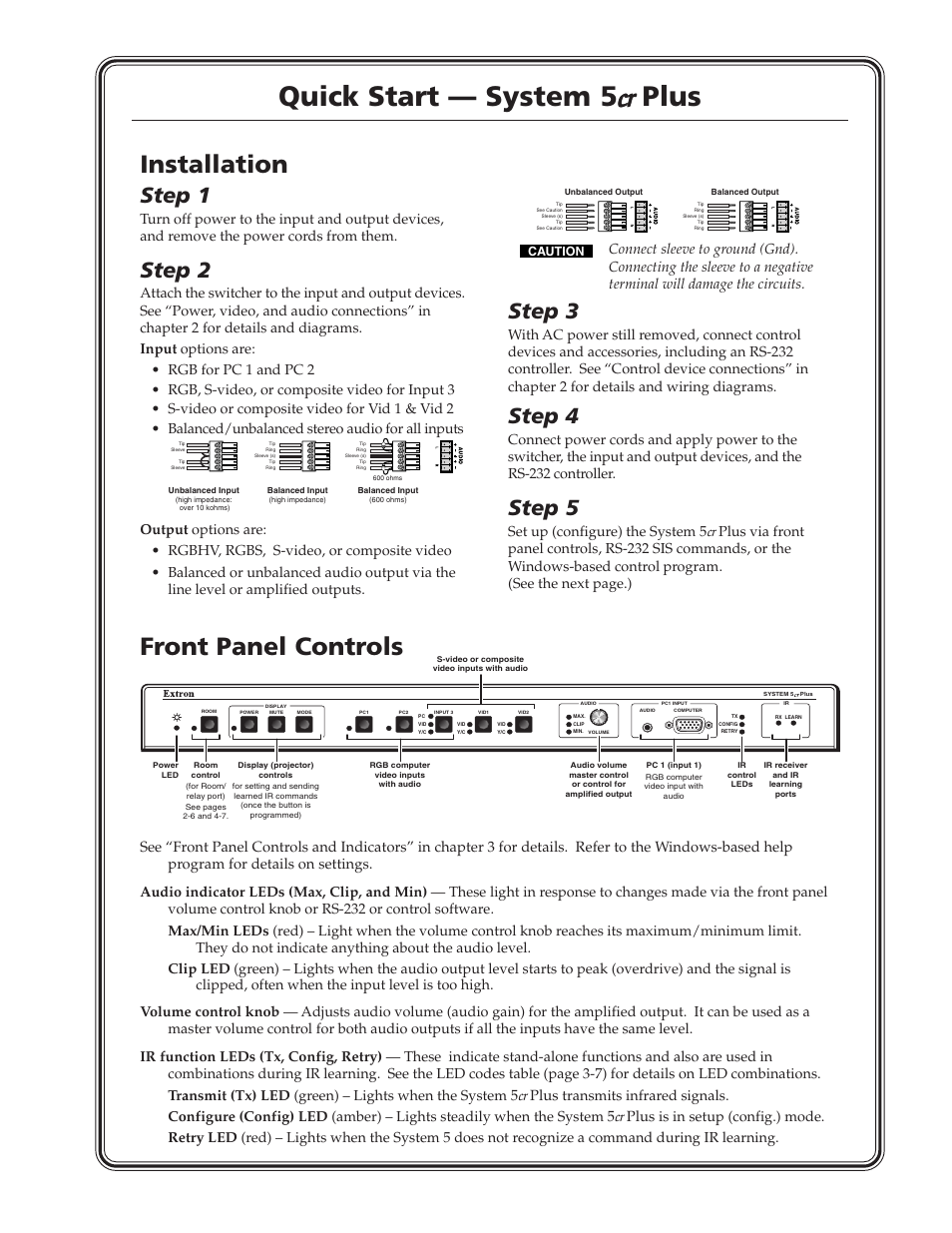 Quick start guide, Installation, Front panel controls | Step 1, Step 2, Step 3, Step 4, Step 5 | Extron Electronics System 5cr Plus User Manual | Page 3 / 46