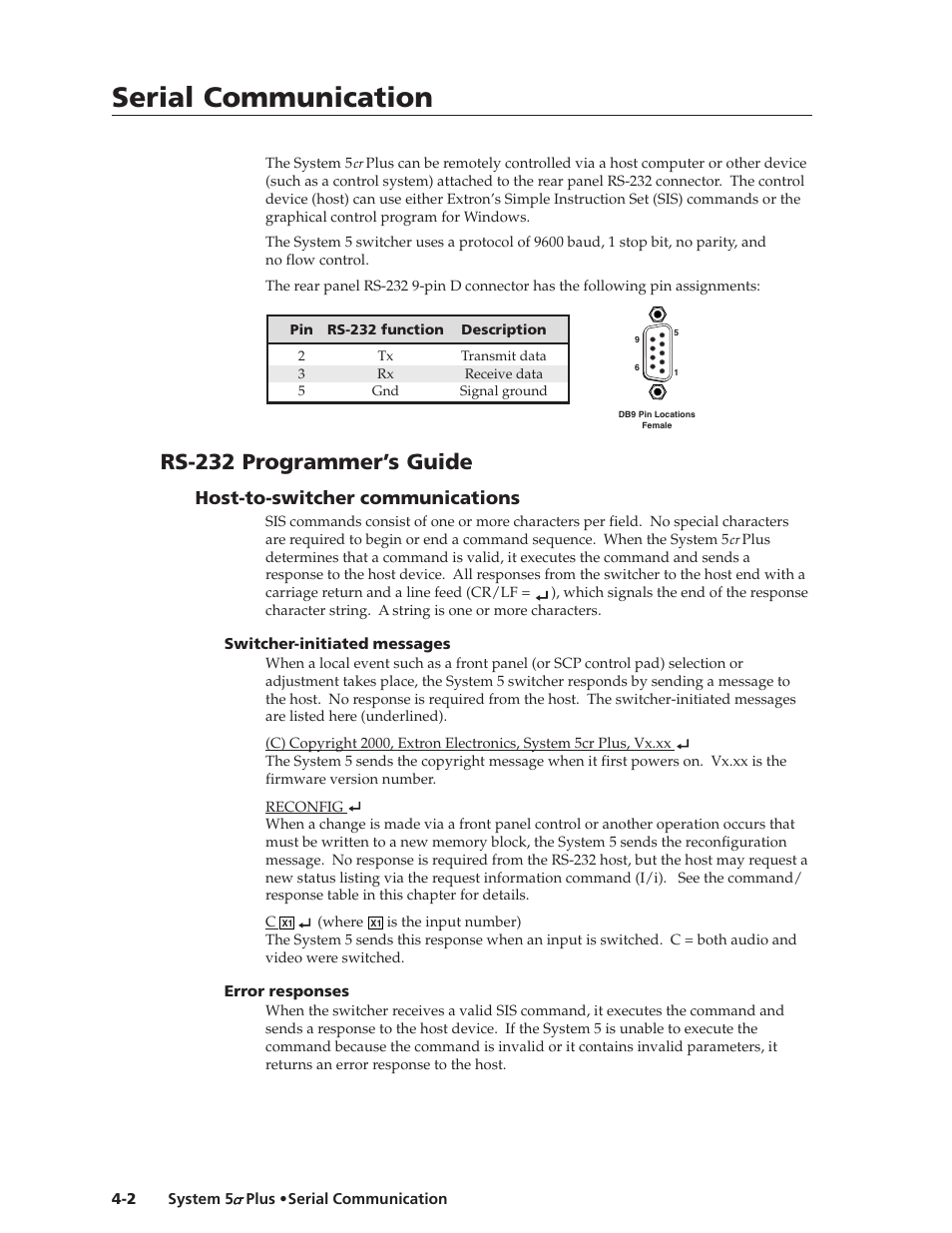 Serial communication, Serial communication, cont’d, Rs-232 programmer’s guide | Host-to-switcher communications | Extron Electronics System 5cr Plus User Manual | Page 30 / 46