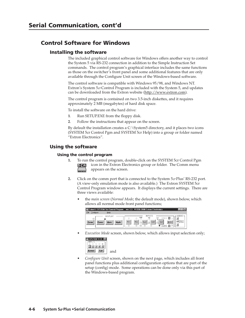 Serial communication, cont’d, Control software for windows | Extron Electronics System 5cr Plus User Manual | Page 34 / 46