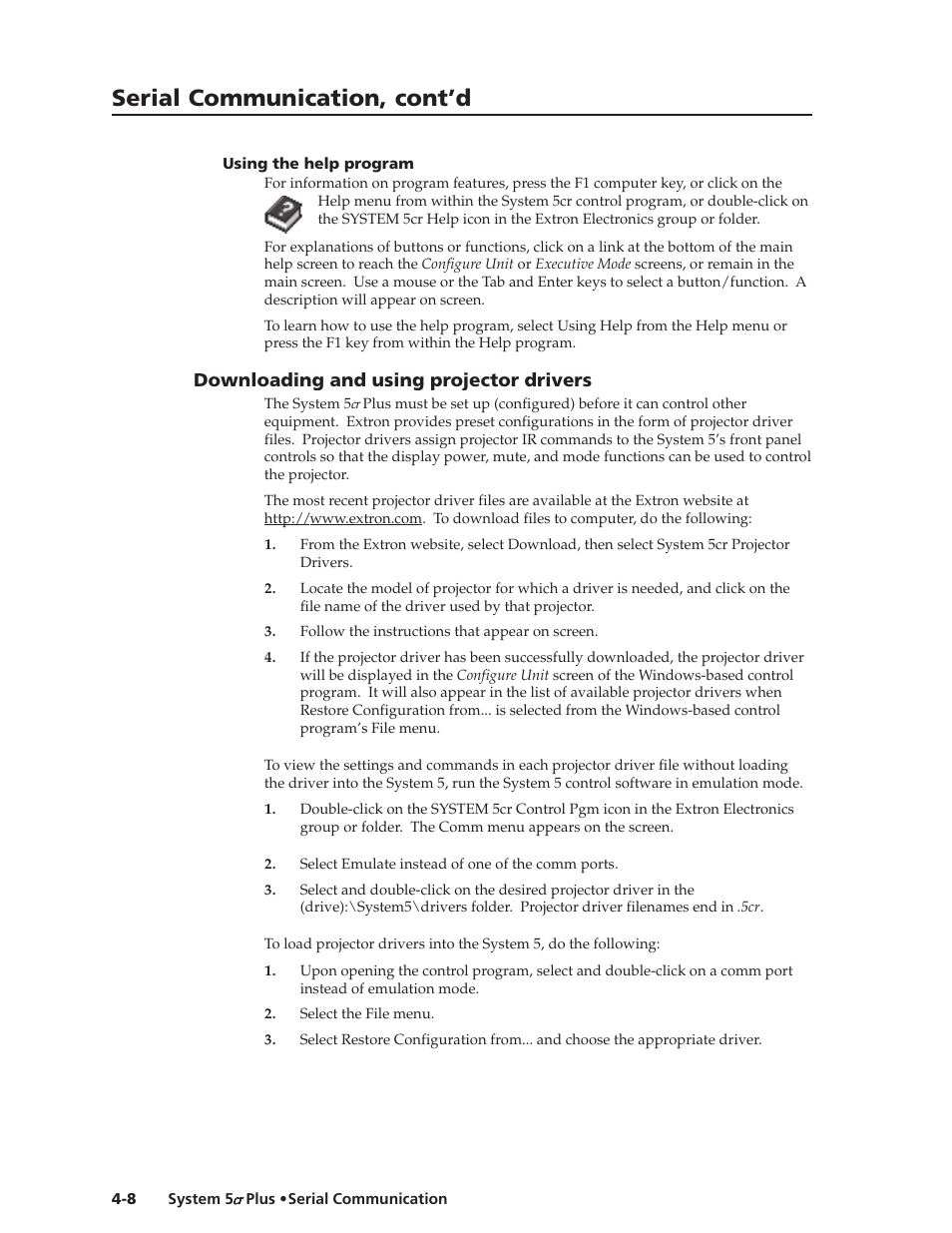 Serial communication, cont’d, Downloading and using projector drivers | Extron Electronics System 5cr Plus User Manual | Page 36 / 46