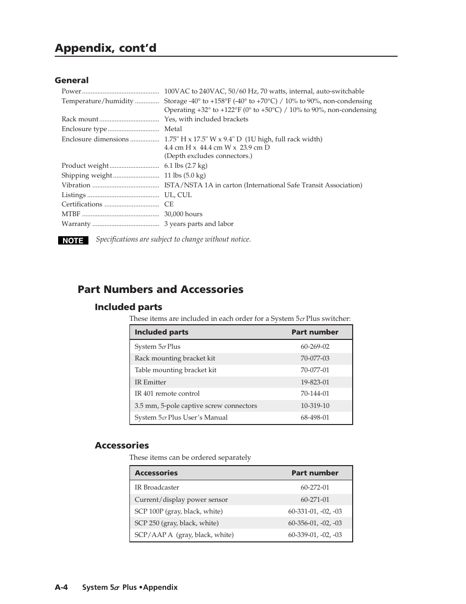 Appendix, cont’d, Part numbers and accessories | Extron Electronics System 5cr Plus User Manual | Page 40 / 46