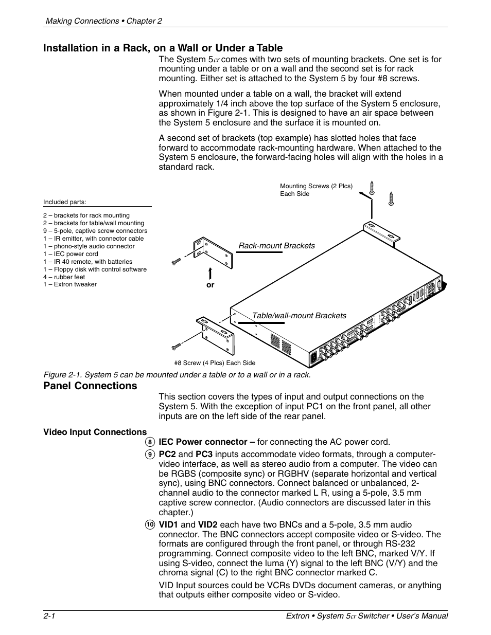 Installation in a rack, on a wall or under a table, Panel connections, Rack-mount brackets table/wall-mount brackets | Extron Electronics System 5cr User Manual | Page 12 / 40