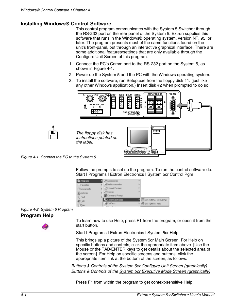 Installing windows® control software, Program help | Extron Electronics System 5cr User Manual | Page 24 / 40