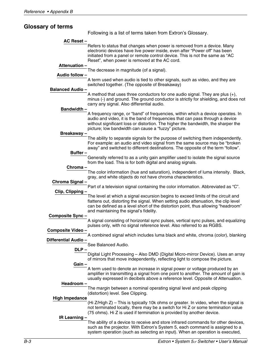 Glossary of terms | Extron Electronics System 5cr User Manual | Page 36 / 40