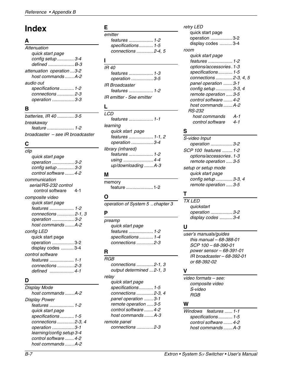 Index | Extron Electronics System 5cr User Manual | Page 38 / 40