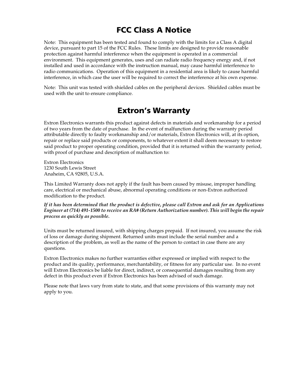 Fcc class a notice, Extron’s warranty | Extron Electronics System 5cr User Manual | Page 39 / 40