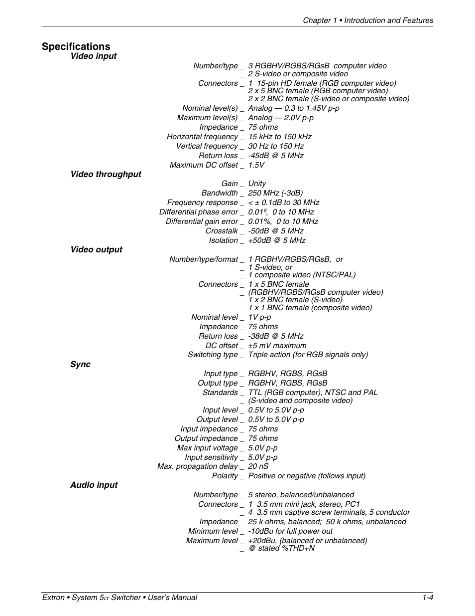 Specifications | Extron Electronics System 5cr User Manual | Page 9 / 40