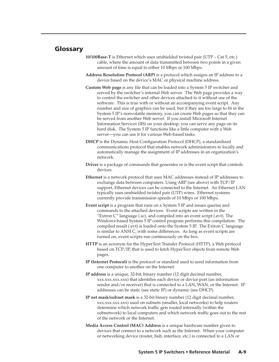 Glossary, Preliminar y | Extron Electronics System 5 IP Series User Guide User Manual | Page 115 / 126