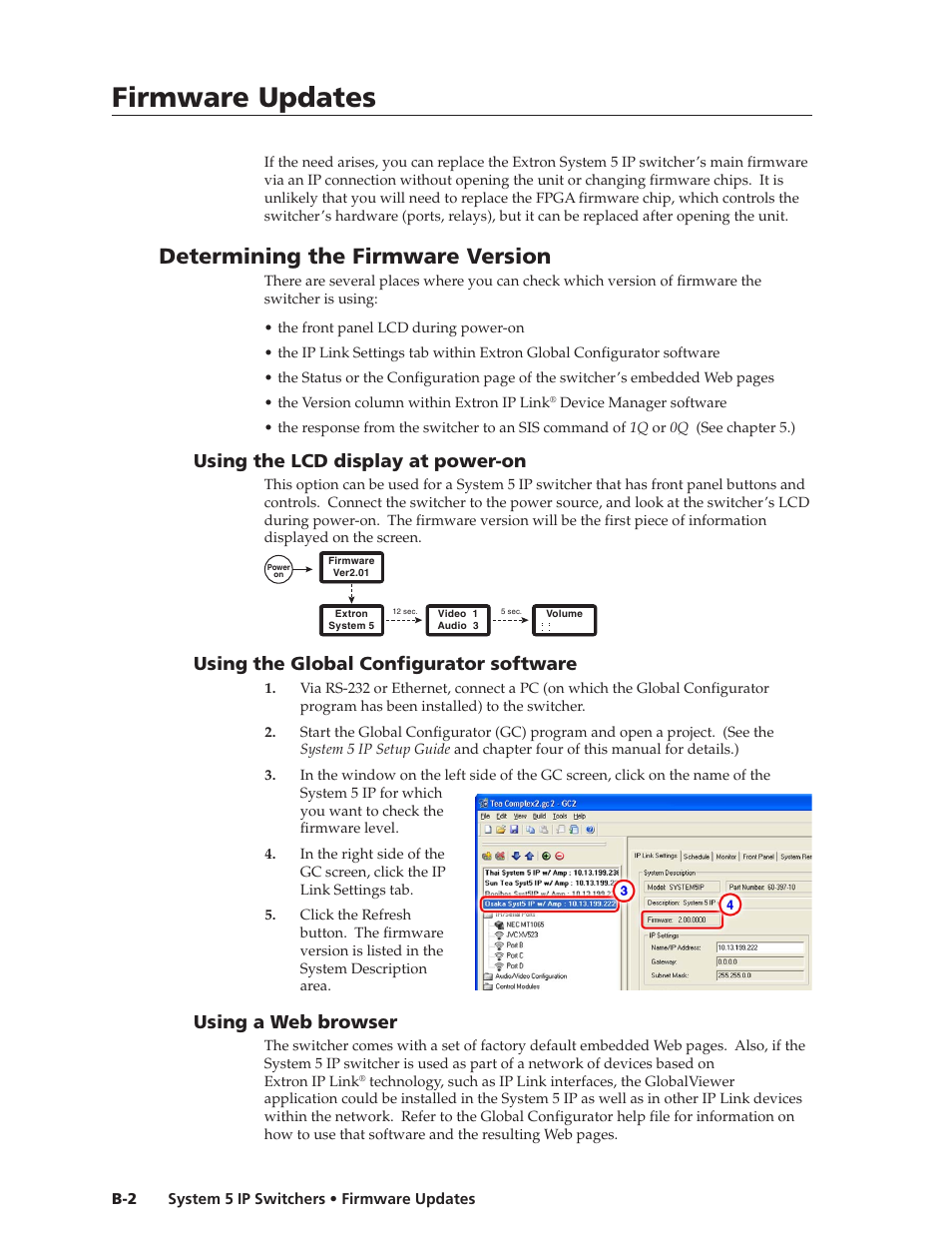 Determining the firmware version, Using the lcd display at power-on, Using the global configurator software | Using a web browser, Preliminar y, Firmware updates | Extron Electronics System 5 IP Series User Guide User Manual | Page 118 / 126