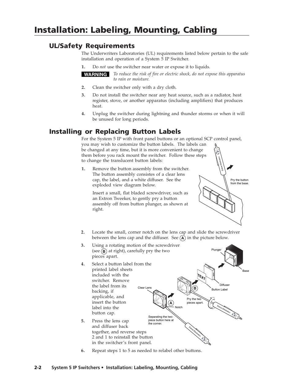 Ul/safety requirements, Installing or replacing button labels, Preliminar y | Installation: labeling, mounting, cabling | Extron Electronics System 5 IP Series User Guide User Manual | Page 12 / 126