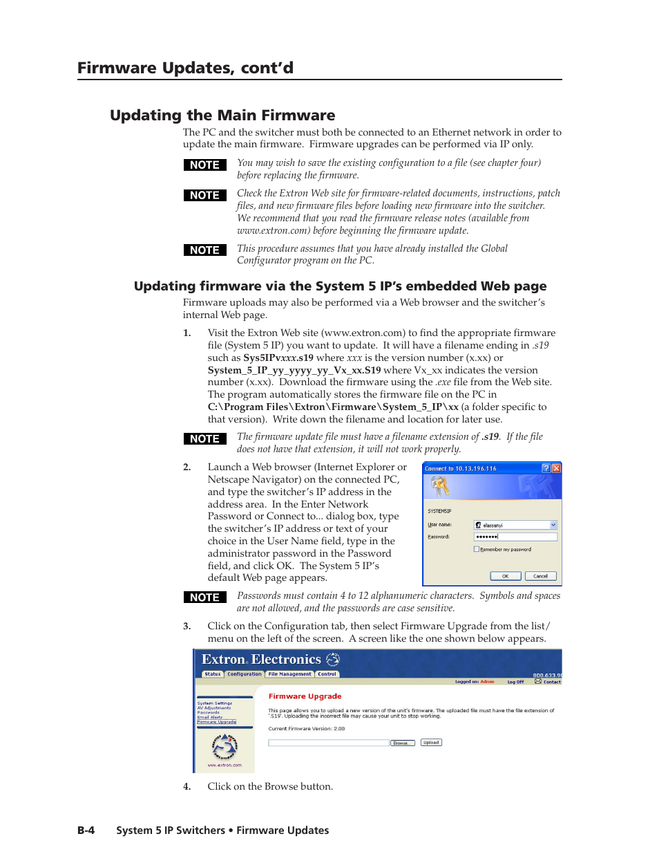 Updating the main firmware, Preliminar y, Firmware updates, cont’d | Extron Electronics System 5 IP Series User Guide User Manual | Page 120 / 126