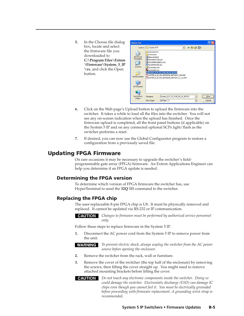 Updating fpga firmware, Determining the fpga version, Replacing the fpga chip | Preliminar y | Extron Electronics System 5 IP Series User Guide User Manual | Page 121 / 126