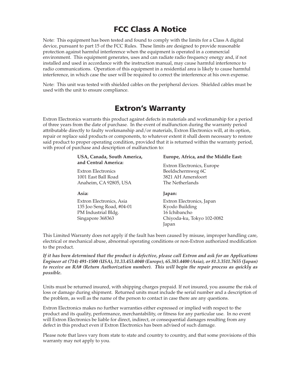 Inside back cover: fcc notice and warranty, Fcc class a notice, Extron’s warranty | Extron Electronics System 5 IP Series User Guide User Manual | Page 125 / 126