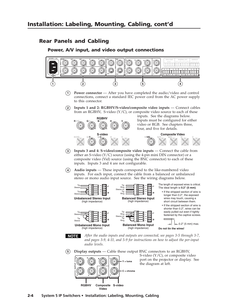 Rear panels and cabling, Power, a/v input, and video output connections, Power, a/v input, and video output connections -4 | Preliminar y, Installation: labeling, mounting, cabling, cont’d, Rgbhv composite video s-video, Unbalanced stereo input, Balanced stereo input, Unbalanced mono input, Balanced mono input | Extron Electronics System 5 IP Series User Guide User Manual | Page 14 / 126