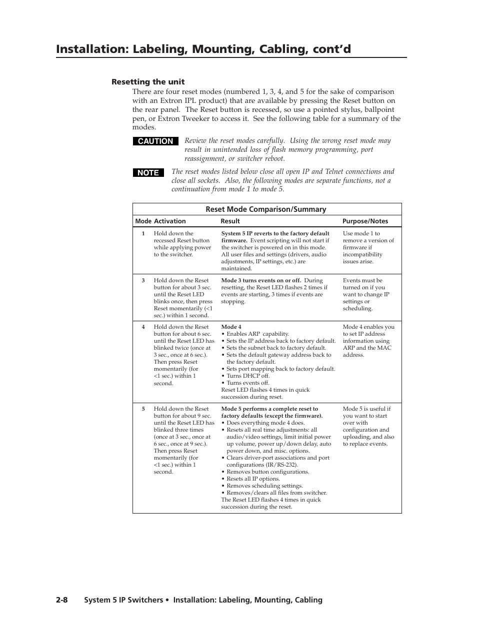 Resetting the unit, Preliminar y, Installation: labeling, mounting, cabling, cont’d | Extron Electronics System 5 IP Series User Guide User Manual | Page 18 / 126