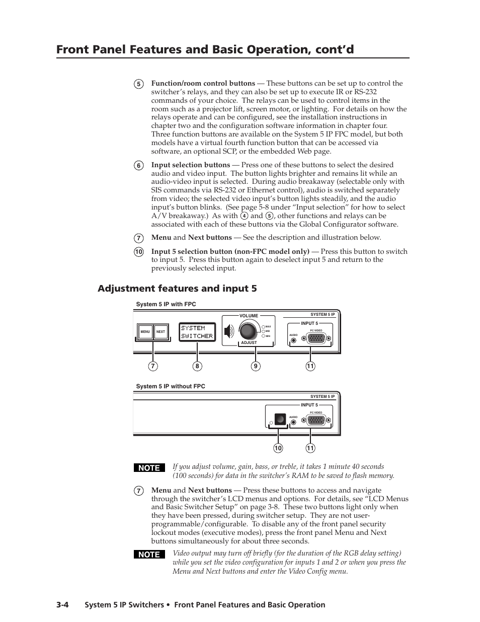 Adjustment features and input 5, Preliminar y, Front panel features and basic operation, cont’d | Extron Electronics System 5 IP Series User Guide User Manual | Page 30 / 126