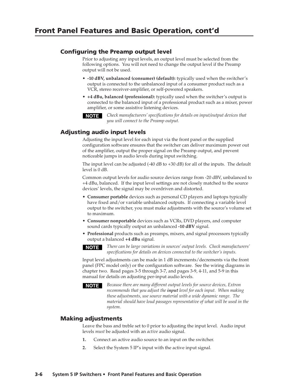 Configuring the preamp output level, Adjusting audio input levels, Making adjustments | Preliminar y, Front panel features and basic operation, cont’d | Extron Electronics System 5 IP Series User Guide User Manual | Page 32 / 126