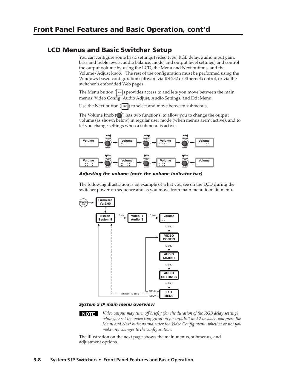 Lcd menus and basic switcher setup, Preliminar y, Front panel features and basic operation, cont’d | Extron Electronics System 5 IP Series User Guide User Manual | Page 34 / 126