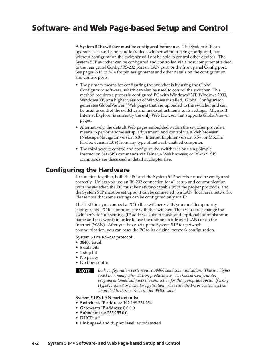 Configuring the hardware, Preliminar y, Software- and web page-based setup and control | Extron Electronics System 5 IP Series User Guide User Manual | Page 38 / 126