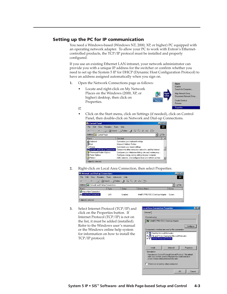 Setting up the pc for ip communication, Preliminar y | Extron Electronics System 5 IP Series User Guide User Manual | Page 39 / 126