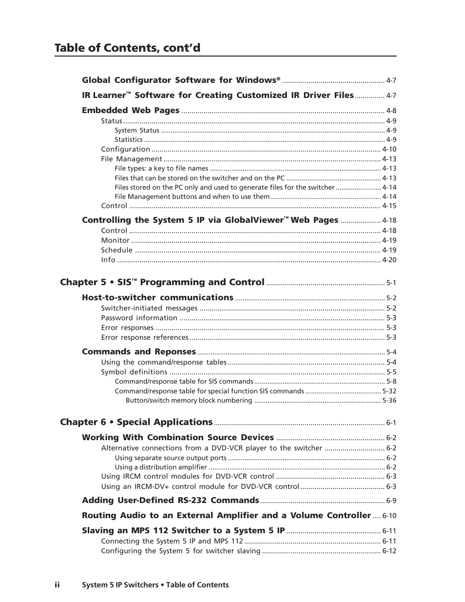 Preliminar y, Table of contents, cont’d | Extron Electronics System 5 IP Series User Guide User Manual | Page 4 / 126