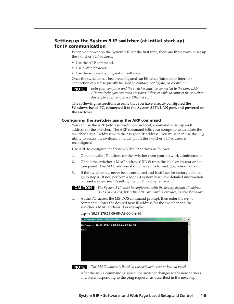 Configuring the switcher using the arp command, Preliminar y | Extron Electronics System 5 IP Series User Guide User Manual | Page 41 / 126