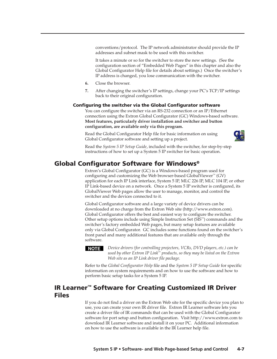 Global configurator software for windows, Ir learner, Software for creating customized ir driver files | Preliminar y | Extron Electronics System 5 IP Series User Guide User Manual | Page 43 / 126