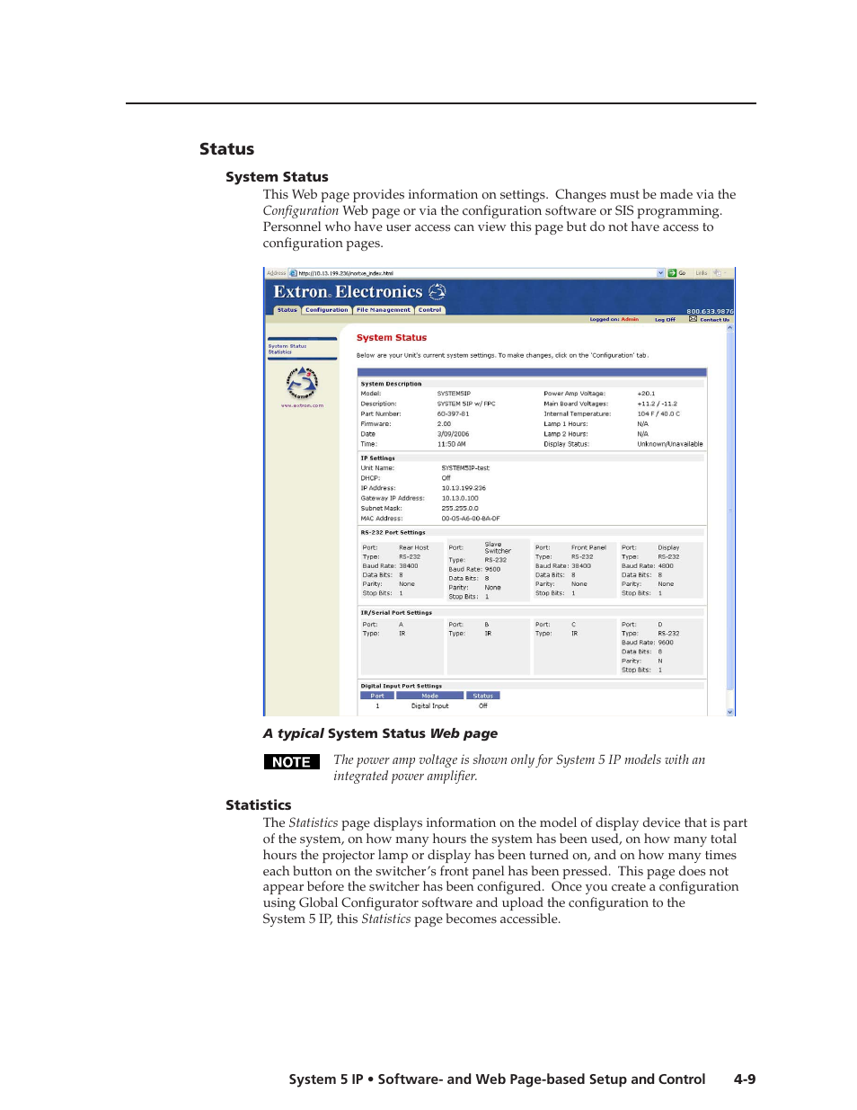 Status, System status, Statistics | Preliminar y | Extron Electronics System 5 IP Series User Guide User Manual | Page 45 / 126