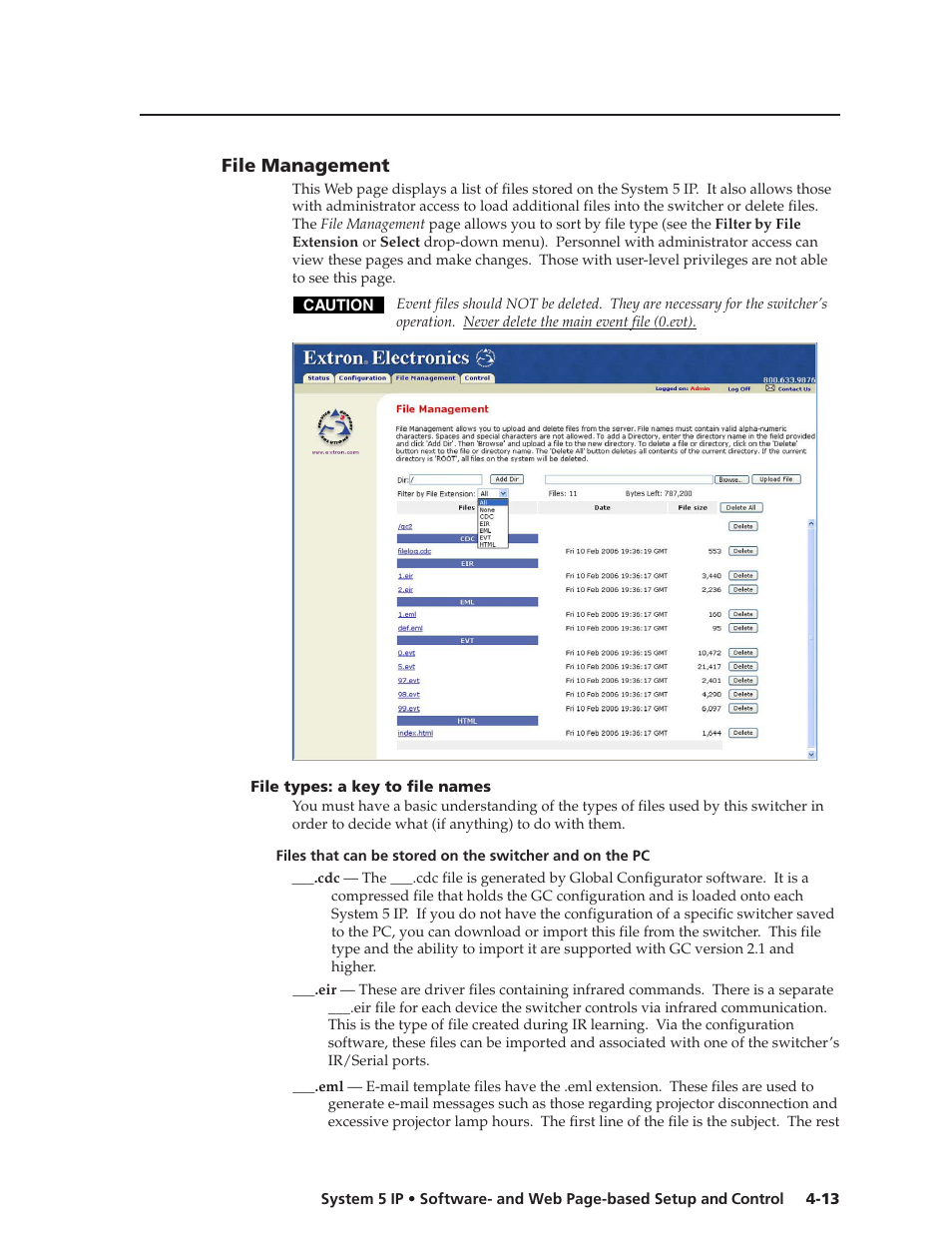 File management, File types: a key to file names, Preliminar y | Extron Electronics System 5 IP Series User Guide User Manual | Page 49 / 126