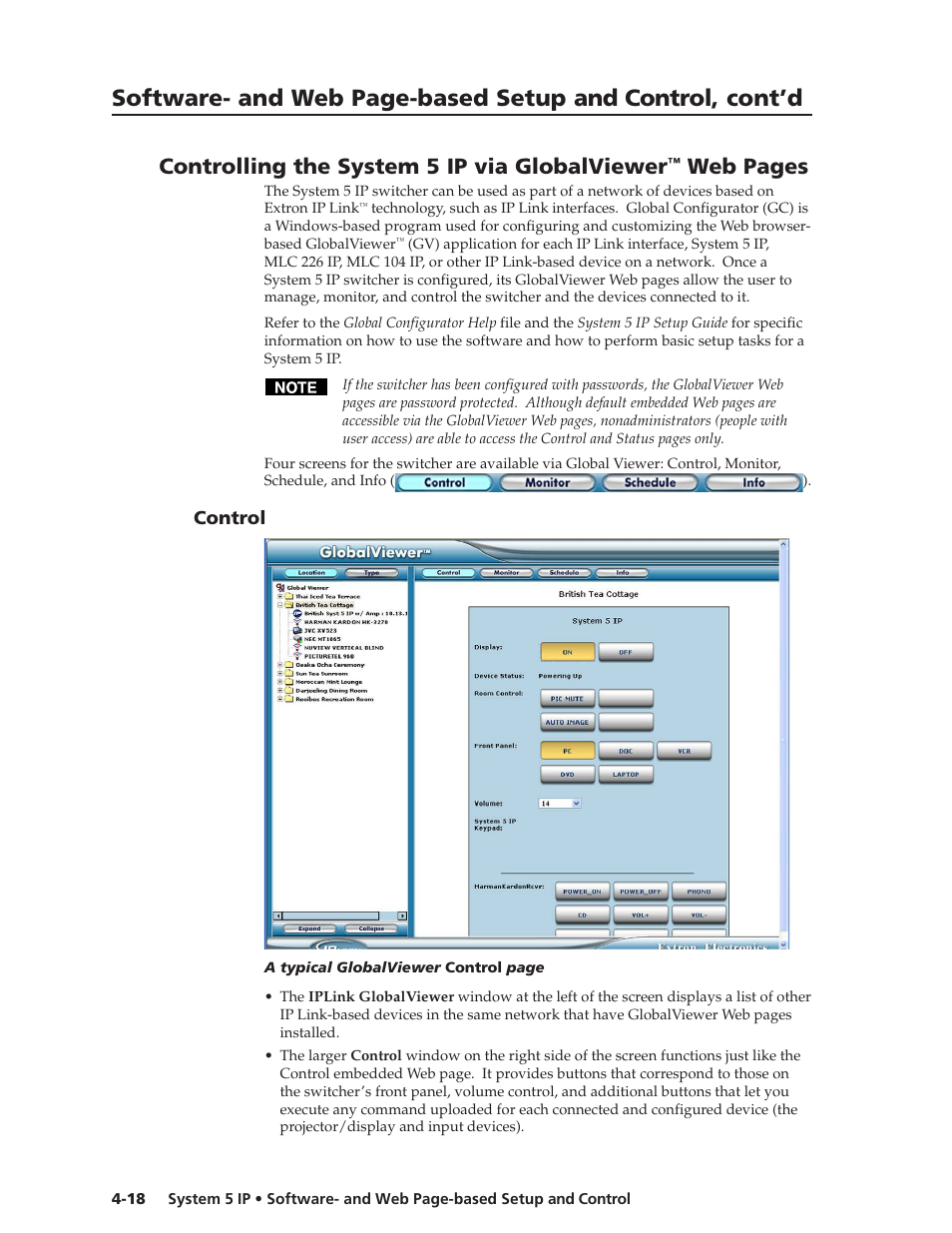 Control, Controlling the system 5 ip via globalviewer, Control -18 | Preliminar y, Web pages | Extron Electronics System 5 IP Series User Guide User Manual | Page 54 / 126