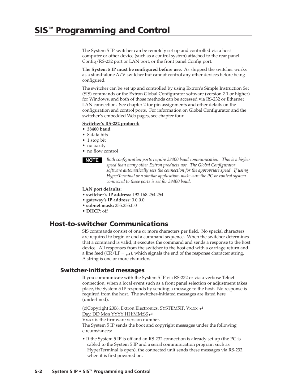 Host-to-switcher communications, Switcher-initiated messages, Switcher-initiated messages -2 | Preliminar y, Programming and control | Extron Electronics System 5 IP Series User Guide User Manual | Page 58 / 126