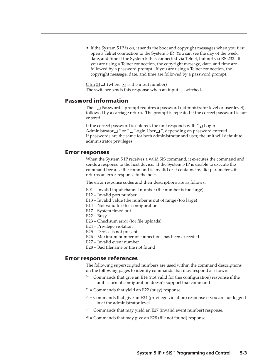 Password information, Error responses, Error response references | Preliminar y | Extron Electronics System 5 IP Series User Guide User Manual | Page 59 / 126