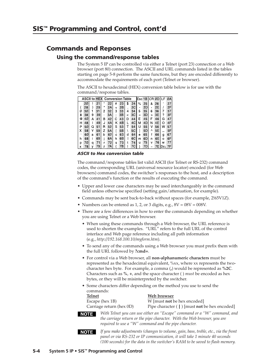 Commands and reponses, Using the command/response tables, Using the command/response tables -4 | Preliminar y, Programming and control, cont’d | Extron Electronics System 5 IP Series User Guide User Manual | Page 60 / 126