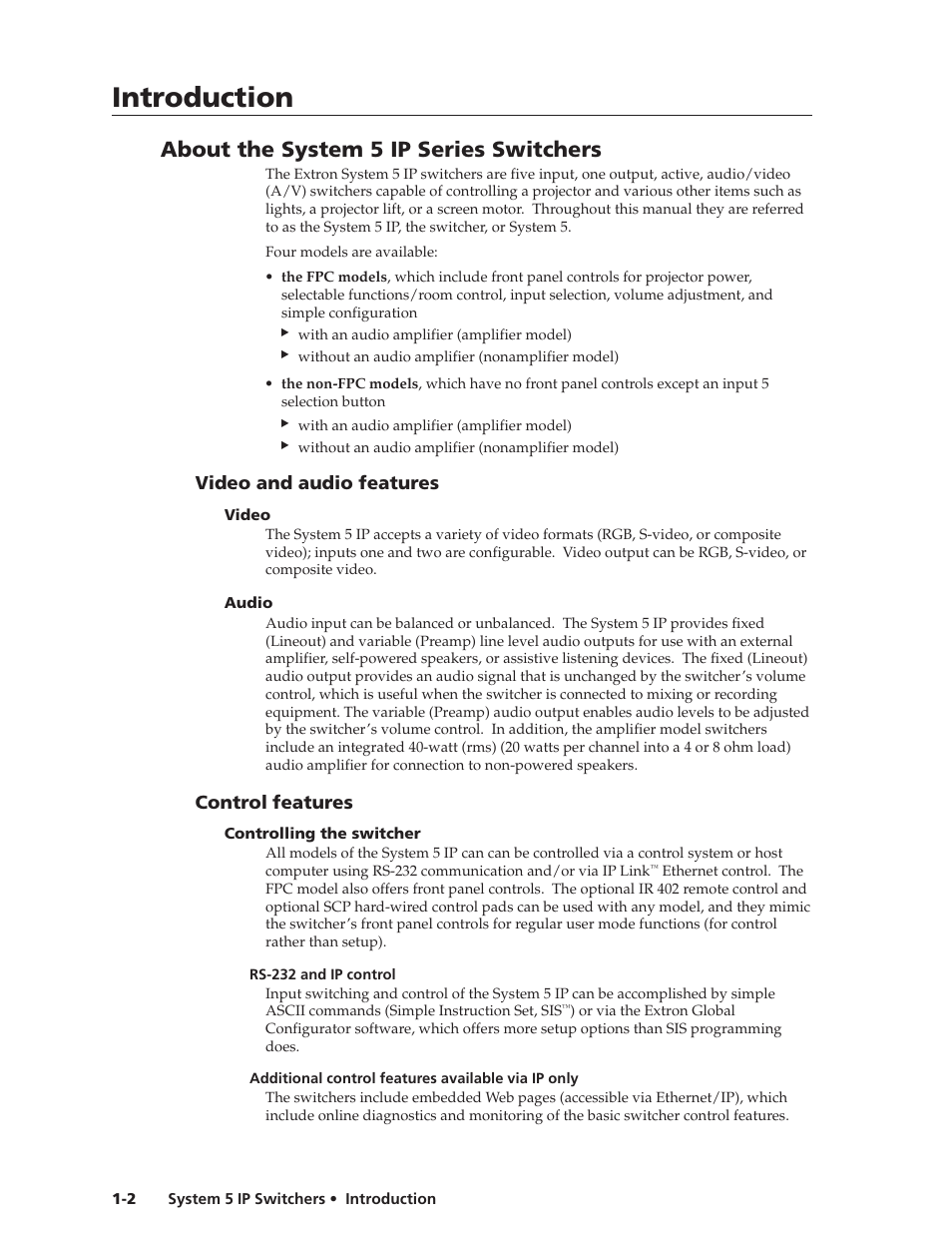 About the system 5 ip series switchers, Video and audio features, Control features | Video and audio features -2, Video -2 audio -2, Control features -2, Controlling the switcher -2, Preliminar y, Introduction | Extron Electronics System 5 IP Series User Guide User Manual | Page 8 / 126