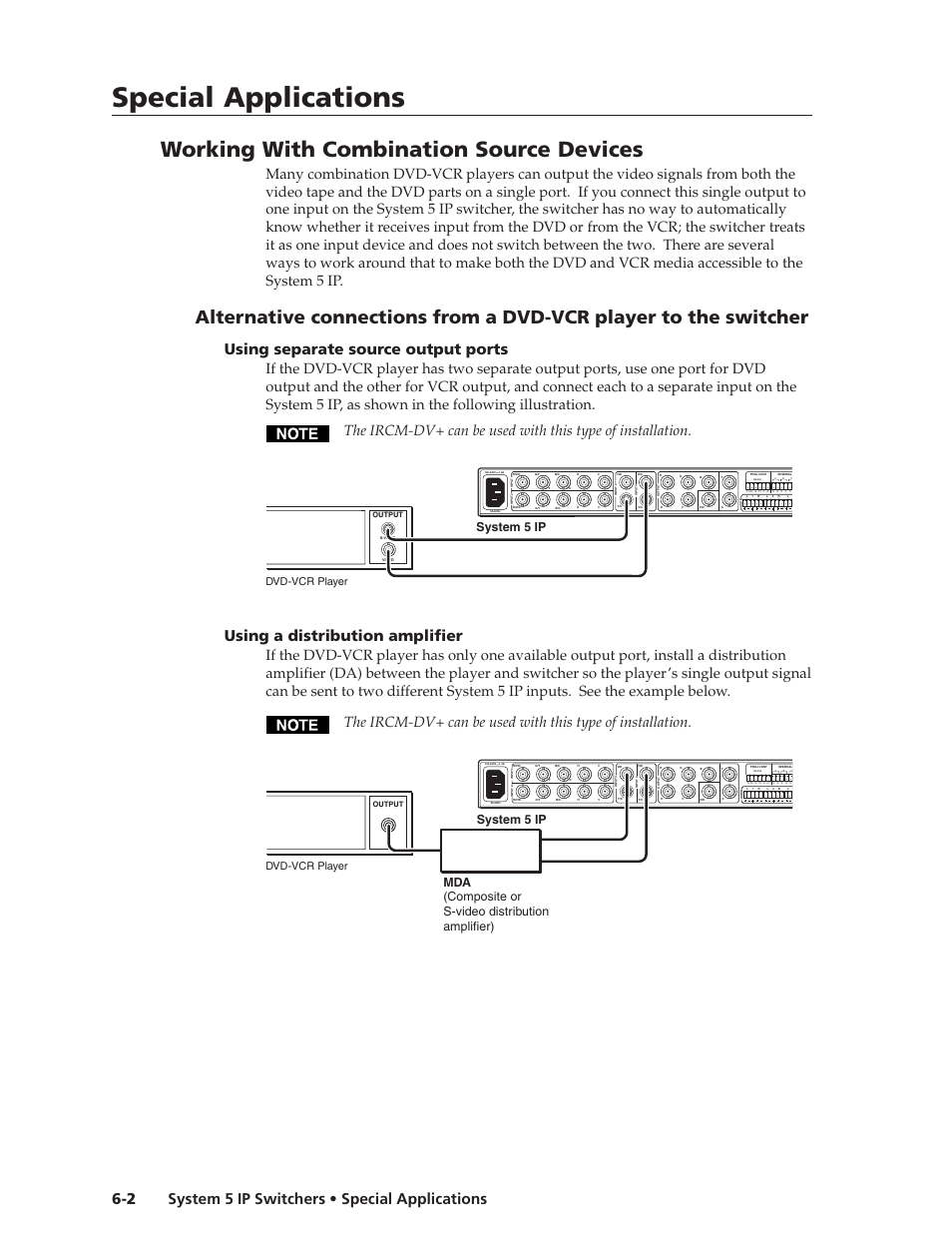 Working with combination source devices, Special applications, System 5 ip switchers • special applications 6-2 | Using separate source output ports, Using a distribution amplifier, System 5 ip, Dvd-vcr player | Extron Electronics System 5 IP Series User Guide User Manual | Page 96 / 126