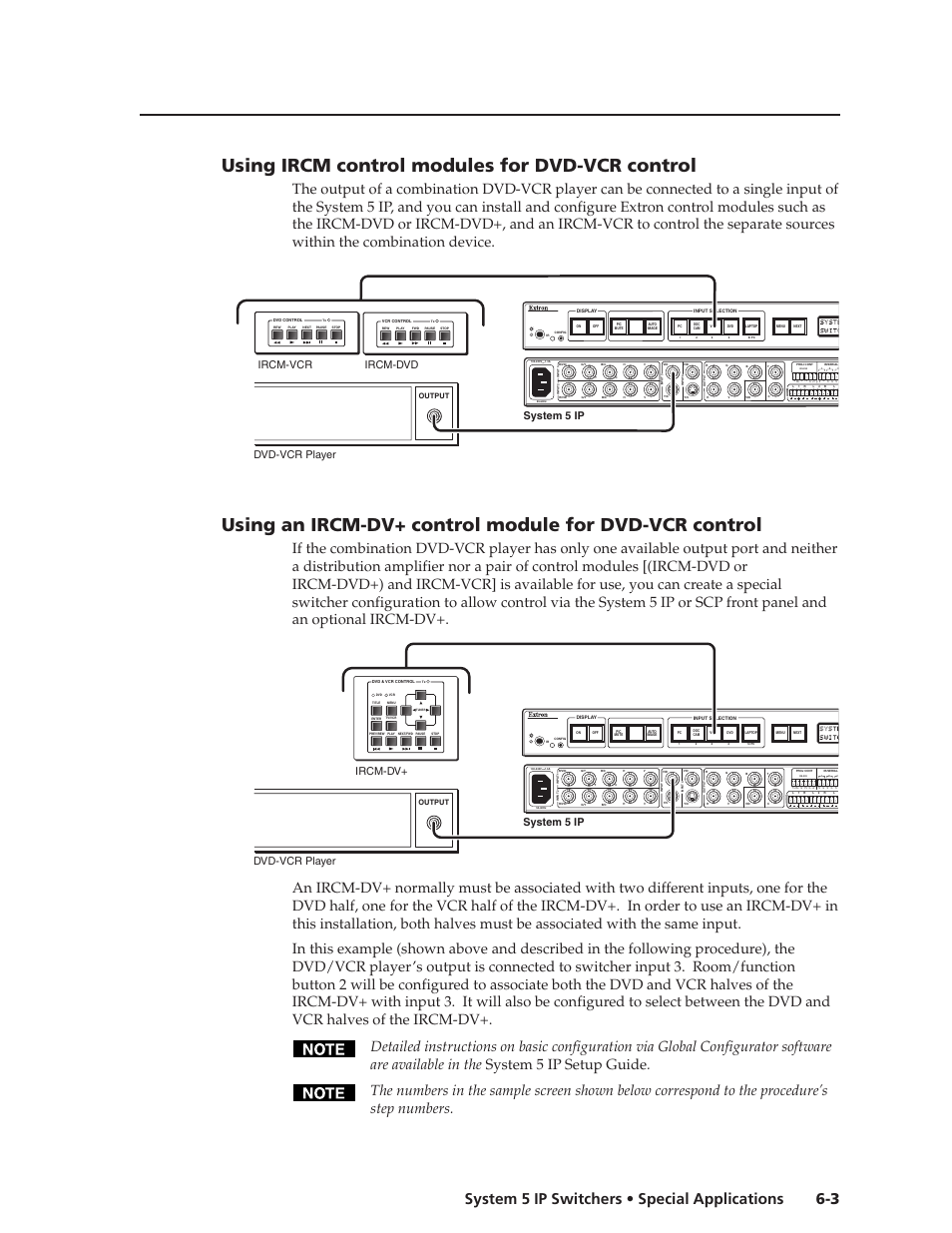 Using ircm control modules for dvd-vcr control, 3 system 5 ip switchers • special applications, Dvd-vcr player ircm-vcr ircm-dvd system 5 ip | Dvd-vcr player ircm-dv+ system 5 ip, Output | Extron Electronics System 5 IP Series User Guide User Manual | Page 97 / 126