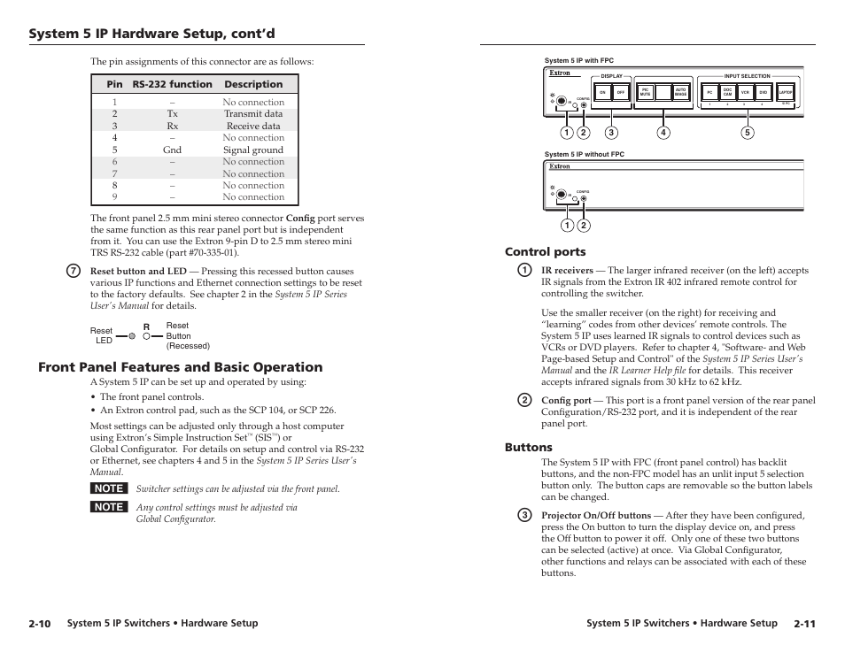 Front panel features and basic operation, Control ports, Buttons | Control ports -11 buttons -11, System 5 ip hardware setup, cont’d, Front panel features and basc operaton | Extron Electronics System 5 IP Series Setup Guide User Manual | Page 13 / 27