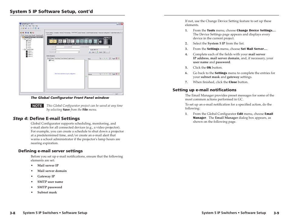 Step 4: define e-mail settings, Defining e-mail server settings, Setting up e-mail notifications | Step 4 : define e-mail settings, System 5 ip software setup, cont’d, Step 4 : define e-mal settngs | Extron Electronics System 5 IP Series Setup Guide User Manual | Page 19 / 27
