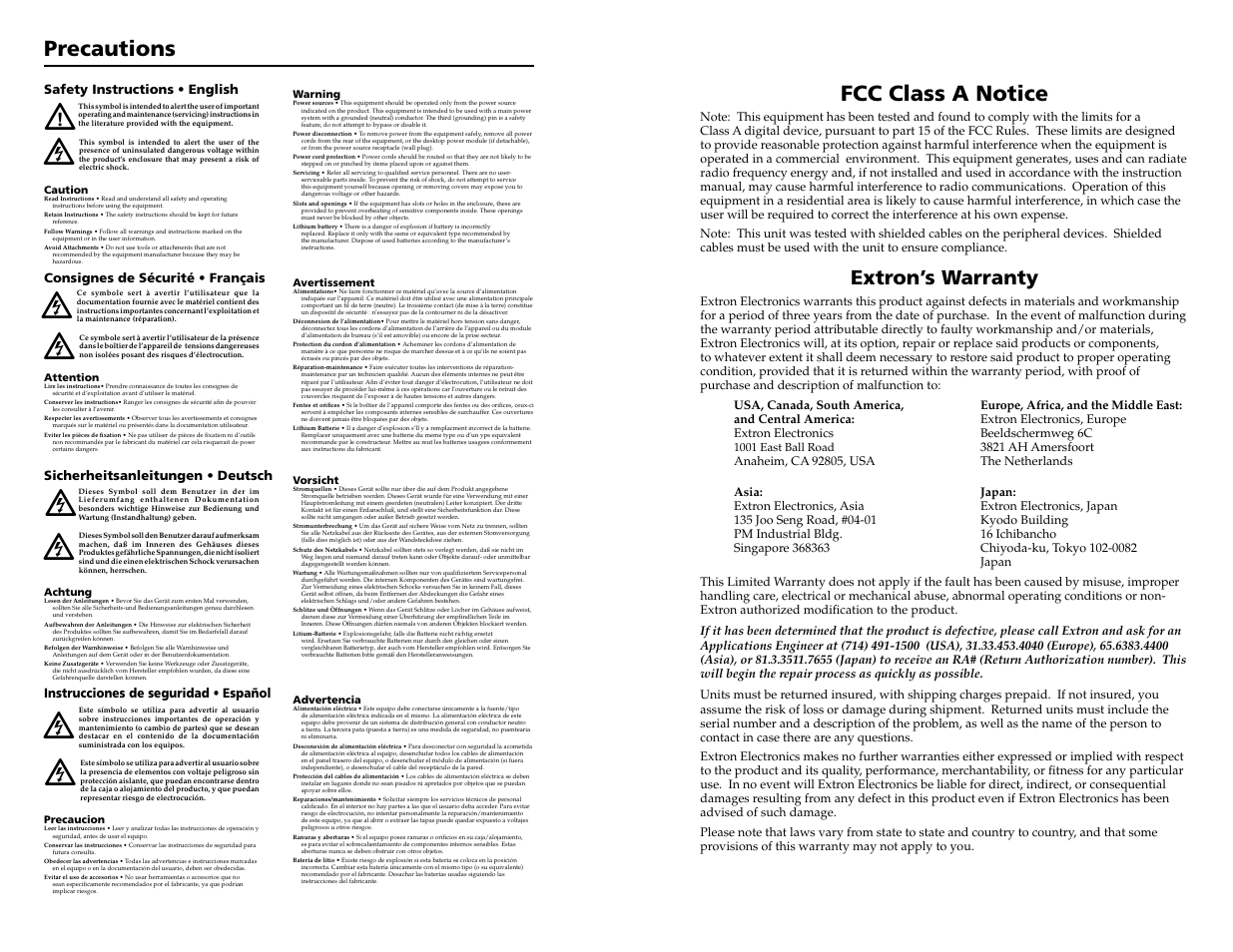 Di d d d, Precautions, Fcc class a notice | Extron’s warranty | Extron Electronics System 5 IP Series Setup Guide User Manual | Page 2 / 27