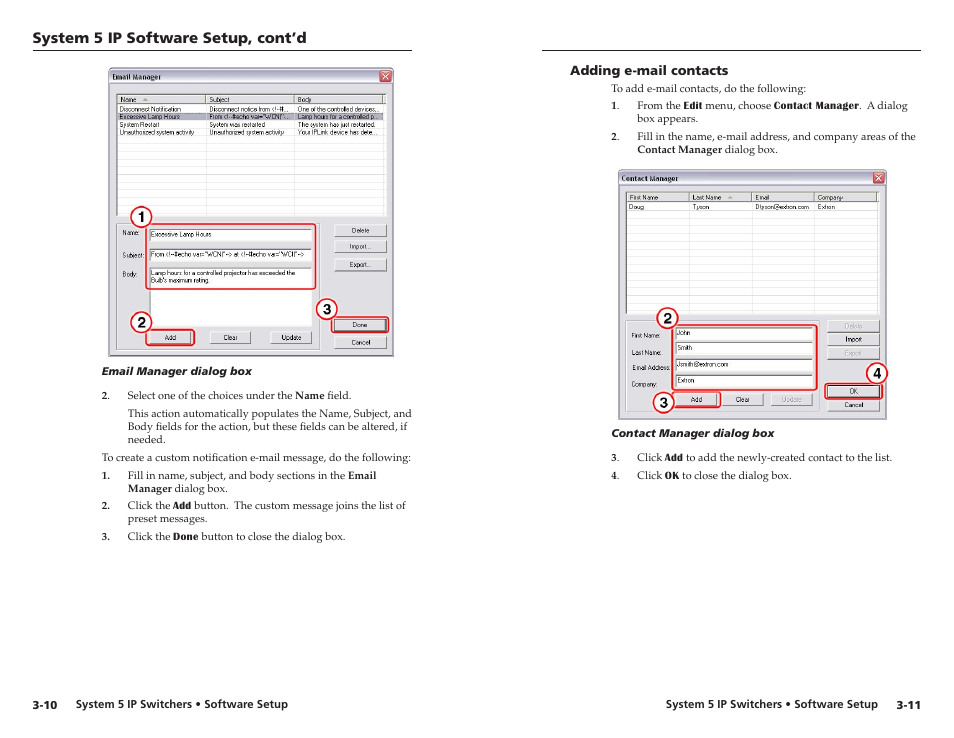 Adding e-mail contacts, Adding e-mail contacts -11, System 5 ip software setup, cont’d | Extron Electronics System 5 IP Series Setup Guide User Manual | Page 20 / 27