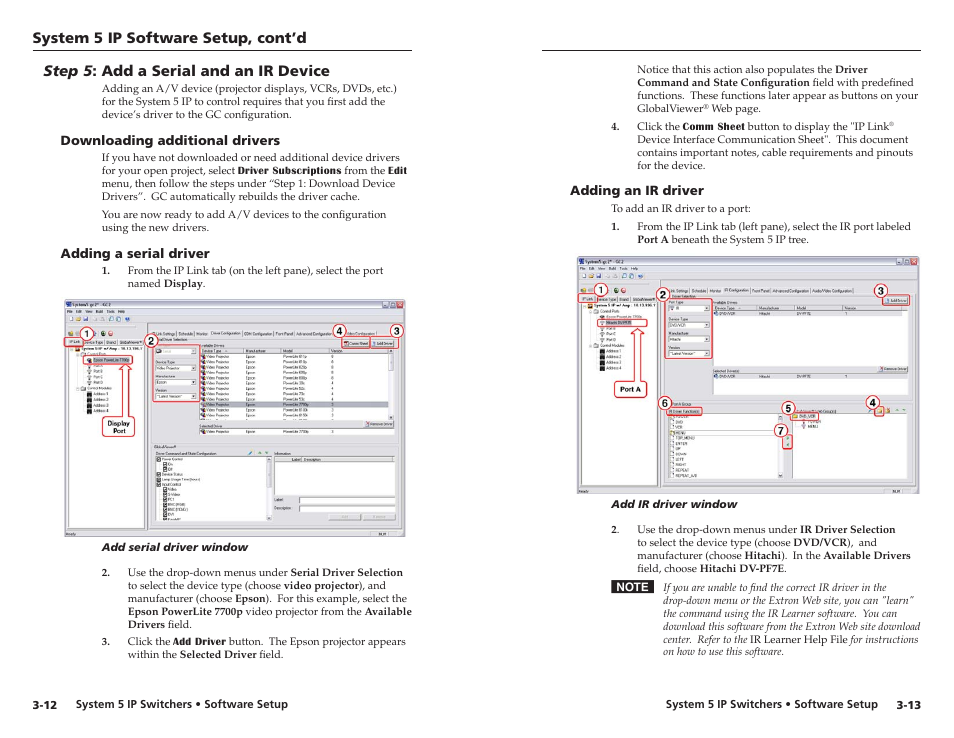 Step 5: add a serial and an ir device, Downloading additional drivers, Adding a serial driver | Adding an ir driver, Step 5 : add a serial and an ir device, System 5 ip software setup, cont’d, Step 5 : add a seral and an ir devce | Extron Electronics System 5 IP Series Setup Guide User Manual | Page 21 / 27